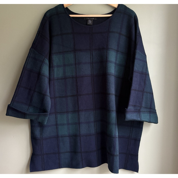 TAHARI Plus Size 2X Plaid Knit Tunic Sweater Green Blue Windowpane Check Boxy - Picture 1 of 10